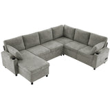 Versatile Light Grey Chenille Sectional Sofa Bed with Storage, Cup Holders & Charging Ports, 109.9'