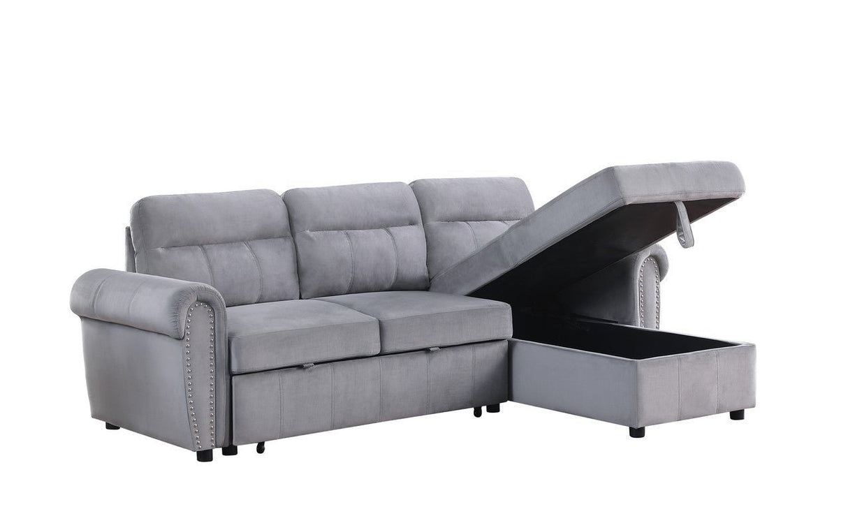 Ashton Gray Velvet Fabric Reversible Sleeper Sectional Sofa Chaise | Home Elegance USA