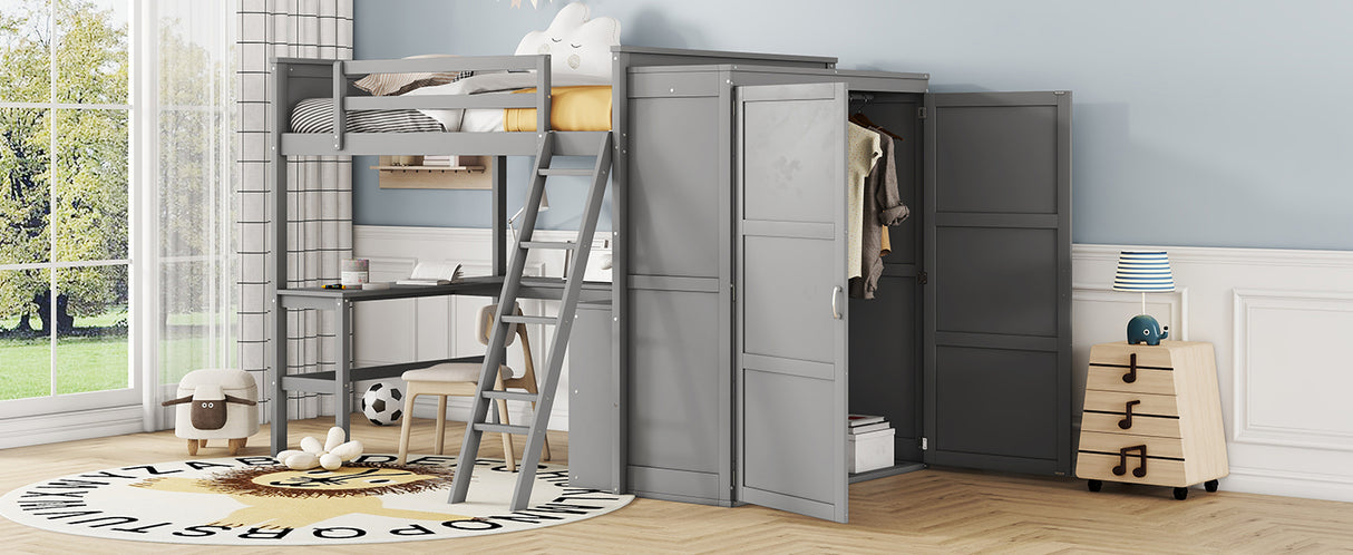 Full size Loft Bed with Desk, Shelves and Wardrobe-Gray - Home Elegance USA