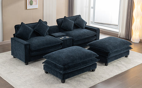 Contemporary Chenille Upholstered Sectional Sofa with Ottomans, USB Ports, Cup Holders & Storage, Blue - sold by Home Elegance USA