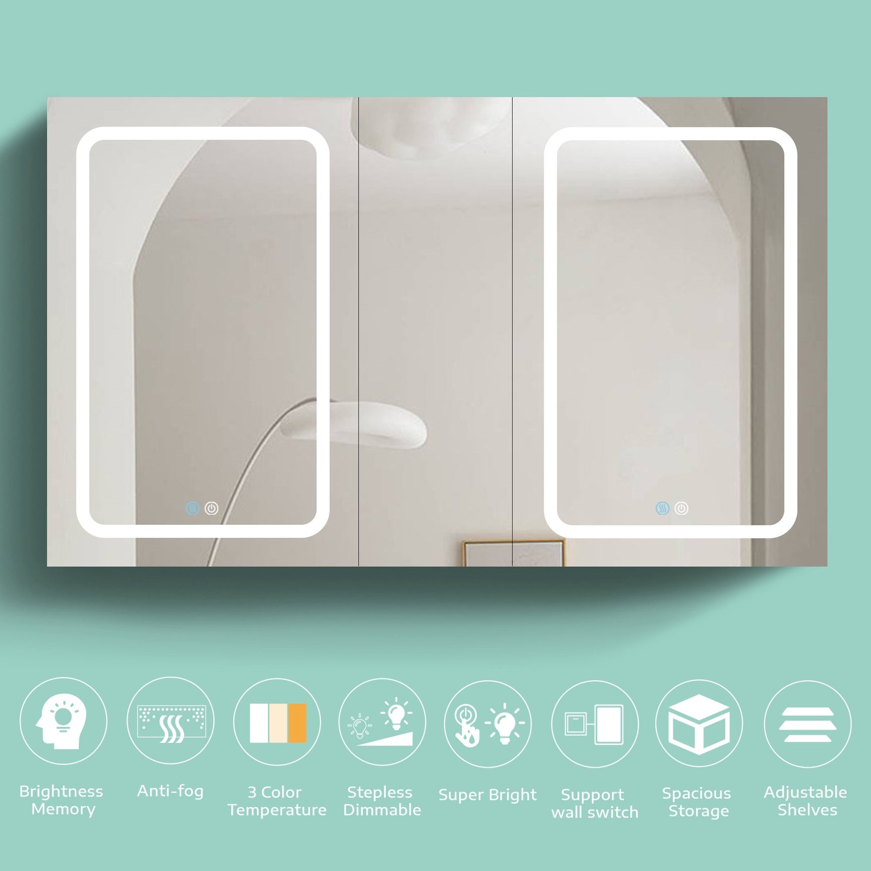 50x30 Inch LED Bathroom Medicine Cabinet Surface Mount Double Door Lighted Medicine Cabinet, Medicine Cabinets for Bathroom with Mirror Defogging, Dimmer White - W995S00068 - image - 4