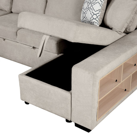 Beige Chenille U-Shaped Sectional Sofa with Pull-out Bed, USB Ports, Storage Chaise & Back Pillows - sold by Home Elegance USA