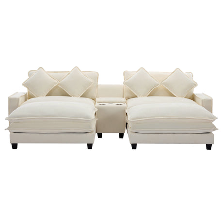 Chenille Upholstered Sectional Sofa with Removable Ottoman, USB Ports, Cup Holders, and Storage, Beige, 111' - sold by Home Elegance USA