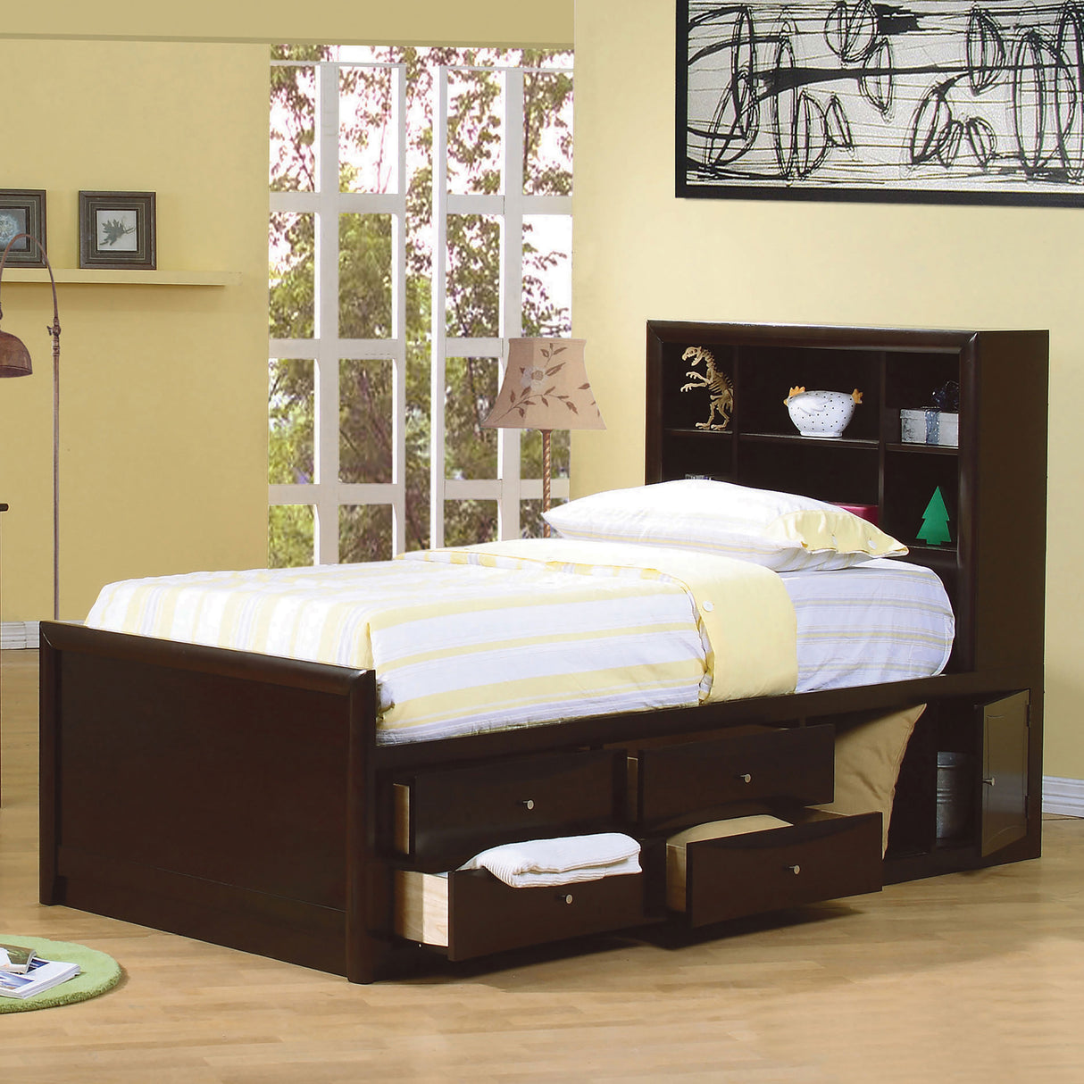 Twin Storage Bed - Phoenix Wood Twin Storage Bookcase Bed Cappuccino