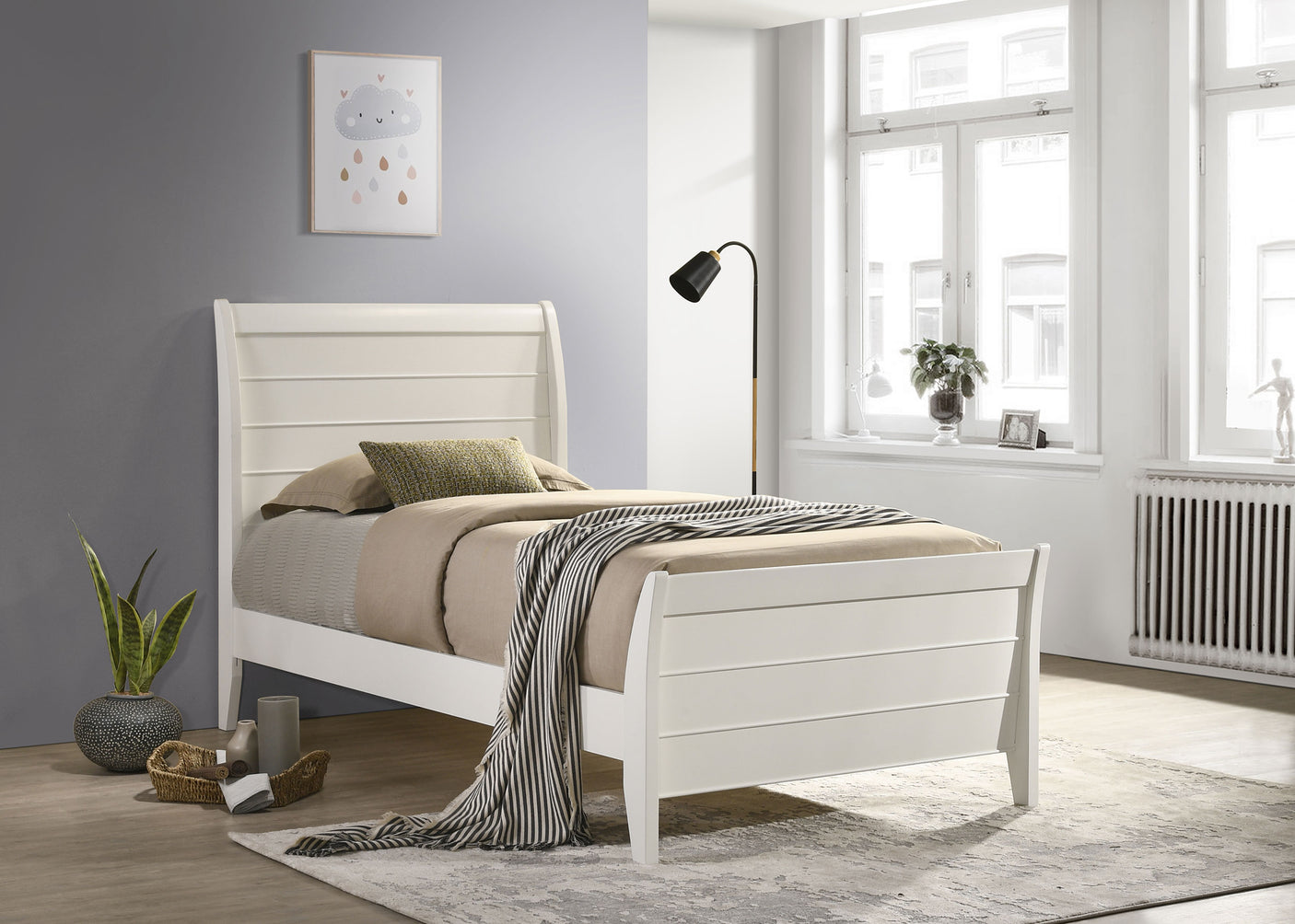 Twin Bed - Selena Wood Twin Panel Bed Cream White