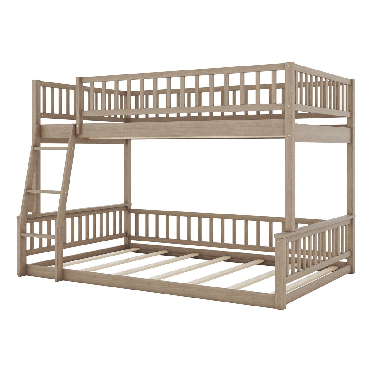 Walnut Full XL over Queen Bunk Bed with Ladder and Guardrails, Solid Wood+MDF, 84.7''L x 63.7''W x 58.3''H