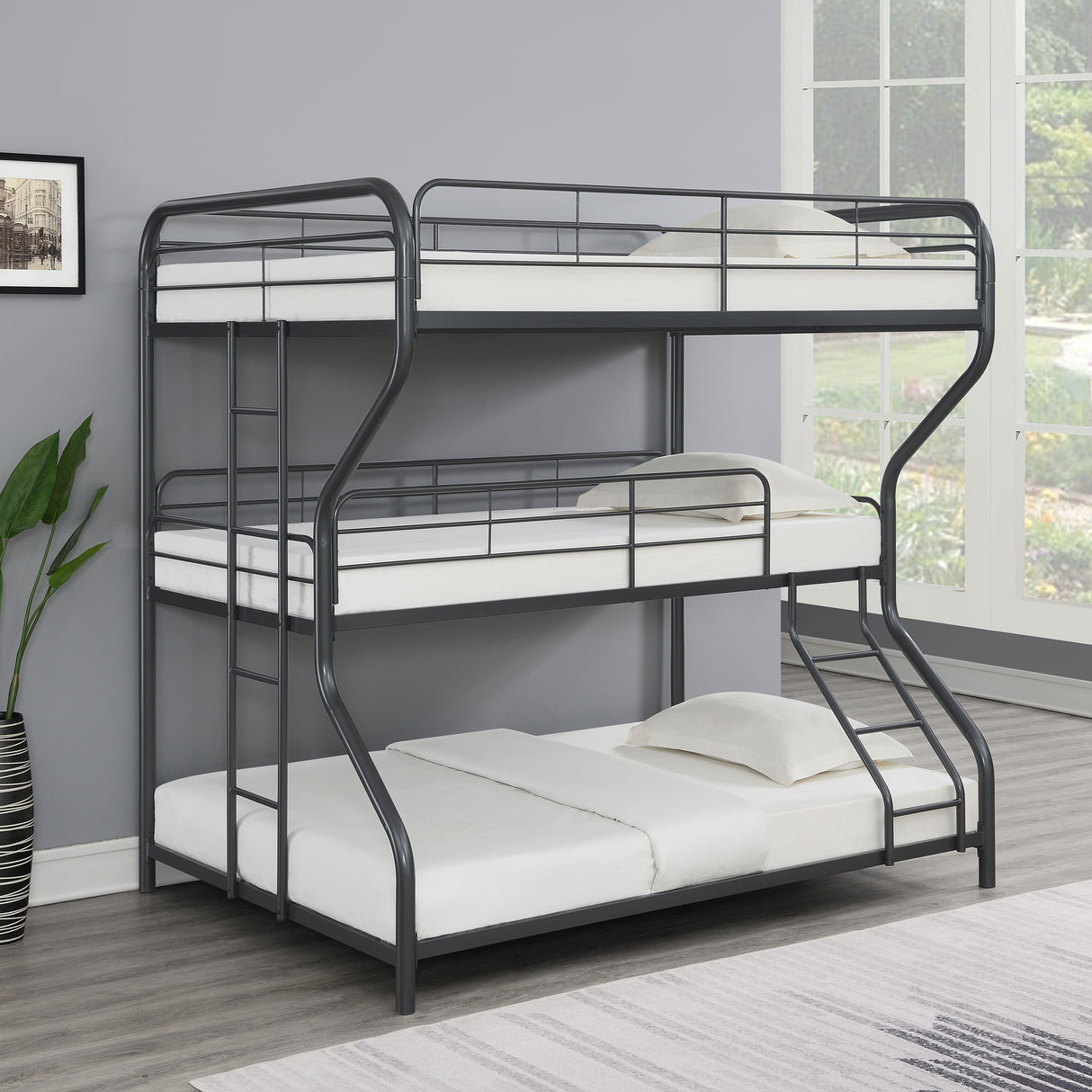 Full / Twin / Full Triple Bunk Bed - Garner Triple Full Over Twin Over Full Bunk Bed with Ladder Gunmetal