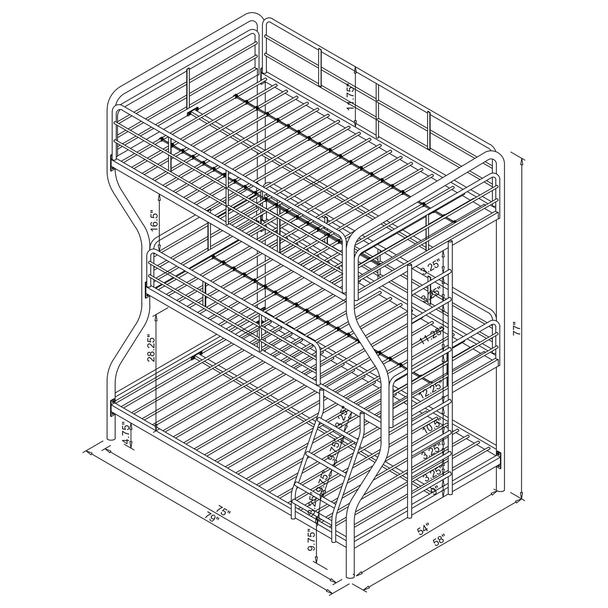 Full / Twin / Full Triple Bunk Bed - Garner Triple Full Over Twin Over Full Bunk Bed with Ladder Gunmetal