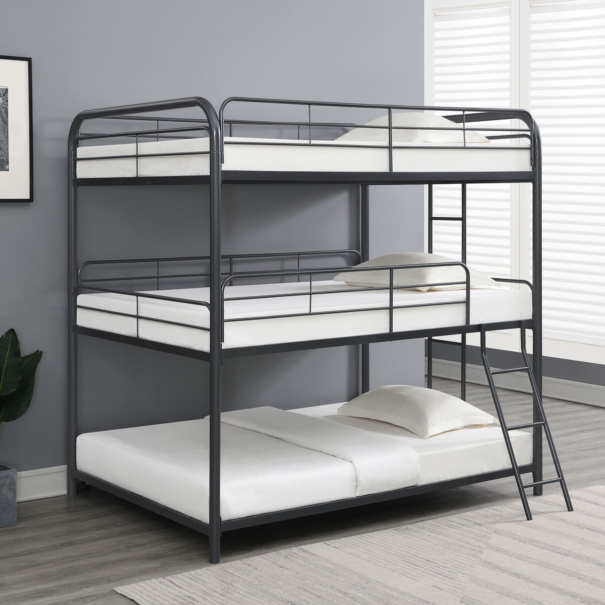 Full / Full / Full Triple Bunk Bed - Garner Triple Full Bunk Bed with Ladder Gunmetal