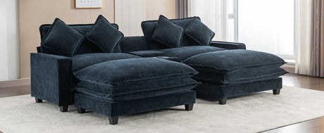 Contemporary Chenille Upholstered Sectional Sofa with Ottomans, USB Ports, Cup Holders & Storage, Blue - sold by Home Elegance USA