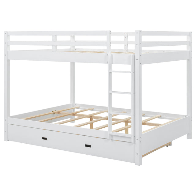 White Wood Queen Size Bunk Bed with Ladder and Twin XL Trundle, Pine Wood+MDF