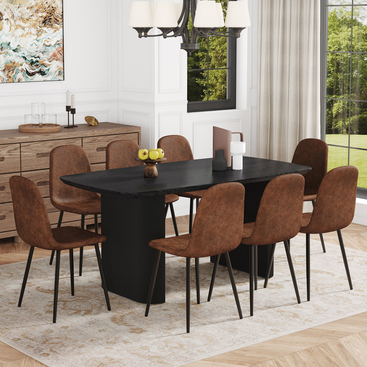 Table and chair set.67 * 35.4 inch black wood grain MDF dining table: a simple and luxurious, stable choice.Paired With 8 Comfortable Technology-Fabric Brown Chairs With Black Metal Legs.