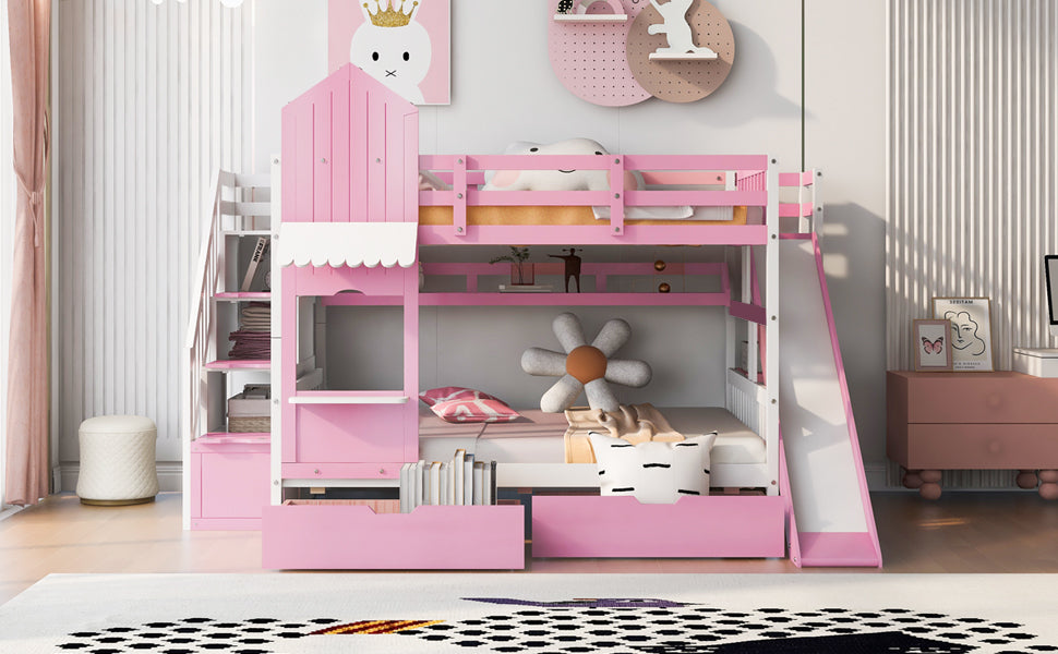 Full-Over-Full Castle Style Bunk Bed with 2 Drawers 3 Shelves and Slide - Pink - Home Elegance USA