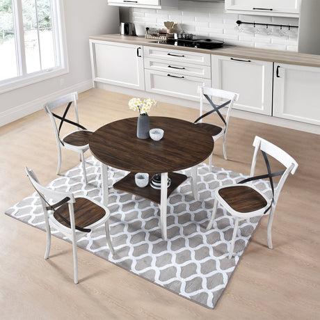 WOODHOMER 5-Piece Round Dining Set, 1 Table with 4 X-Back Chairs, Two-Tone Antique White & Walnut Finish, Space-Saving Kitchen & Dining Furniture - sold by Home Elegance USA