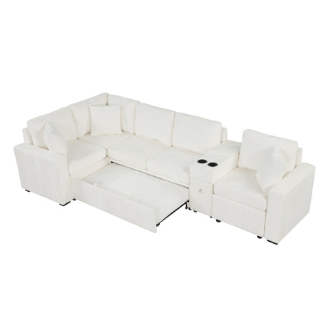 120.5' L-shaped Convertible Sofa Bed Modular Sectional Sofa Reversible Sleeper with Pull-Out Bed, Cup Holders, and Ample Storage Space for Living Room(Old SKU:N719S001940K), White - sold by Home Elegance USA