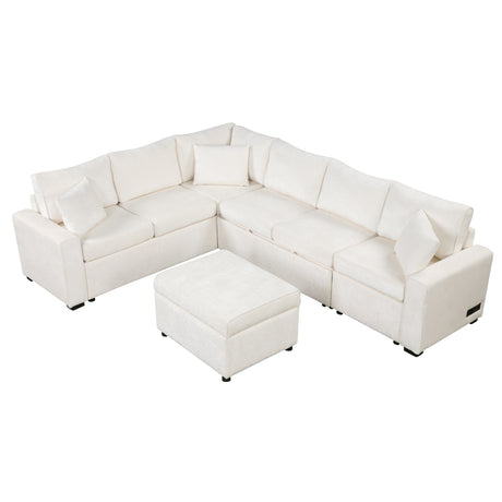 Cream Tweed Chenille Sectional Sofa with Pull-out Bed and Storage Ottoman, 112.2' for Living Room - sold by Home Elegance USA
