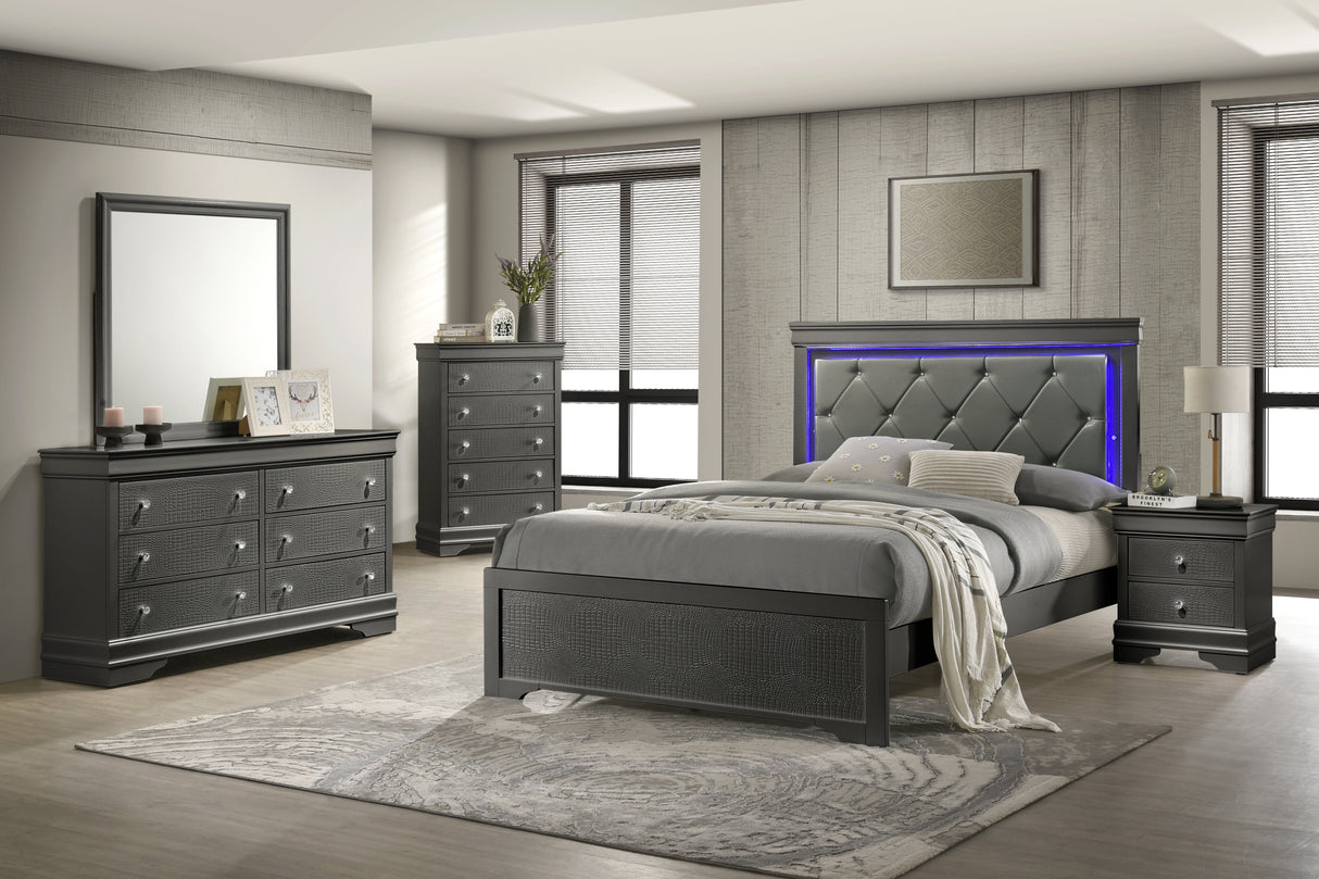 Blaze Upholstered Modern Style 5 Pc Full Bedroom Set with LED Headboard Made with Wood in Metallic Gray(CA WAREHOUSE)