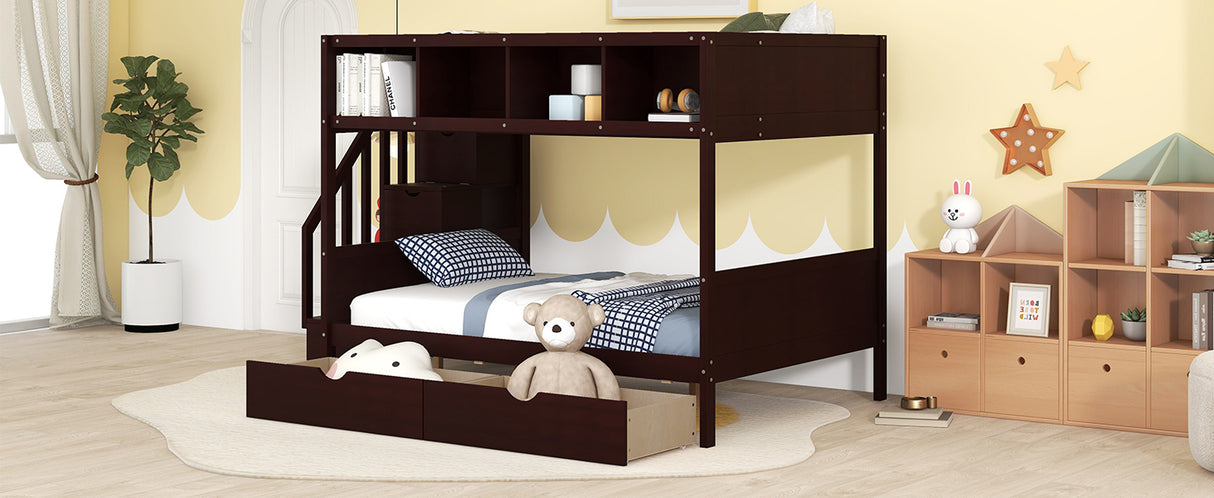 Twin over Full Bunk Bed with Shelfs, Storage Staircase and 2 Drawers, Espresso - Home Elegance USA