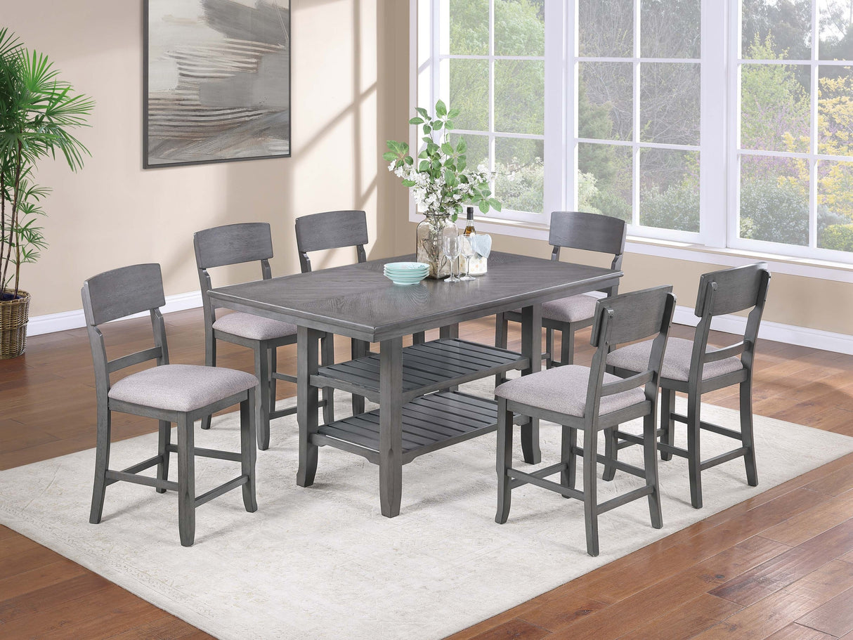 Juego de comedor contemporáneo de 7 piezas con altura de mostrador, mesa de comedor gris con estante de almacenamiento, 6 sillas altas, muebles de comedor de madera
