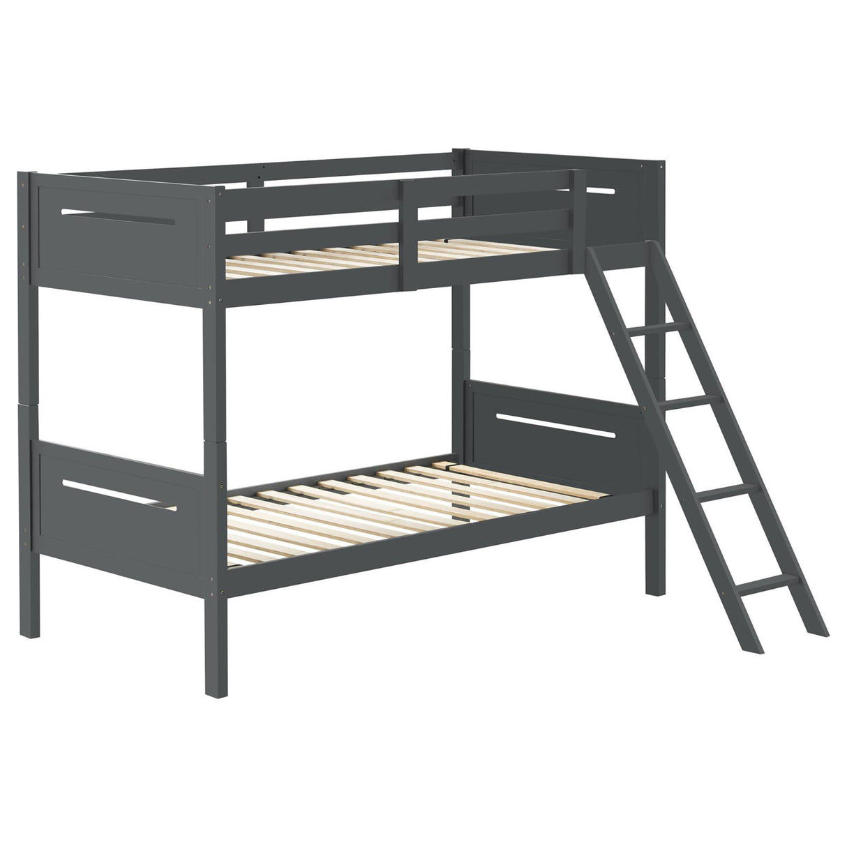Grey Twin/Twin Bunk Bed with Built-in Ladder - Modern Wood Frame, Safety Guardrails, Easy Access Ladder