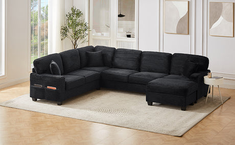 Upholstered U-shaped Sectional Sofa with Movable Ottoman and Side Storage Pockets in Black Corduroy, 125.2 inches - sold by Home Elegance USA