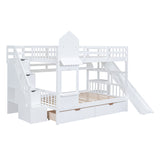 Full-Over-Full Castle Style Bunk Bed with 2 Drawers 3 Shelves and Slide - White(OLD SKU:LT000558AAK-2) - sold by Home Elegance USA