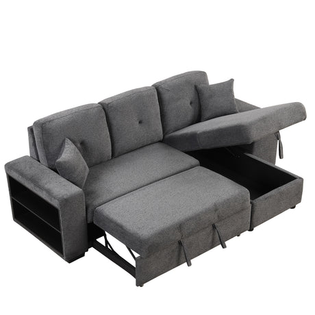 Reversible Sleeper Sectional Sofa Bed with Side Shelf and 2 Stools, Pull-Out L-Shaped Sofa Bed, Velvet Blue Black - sold by Home Elegance USA