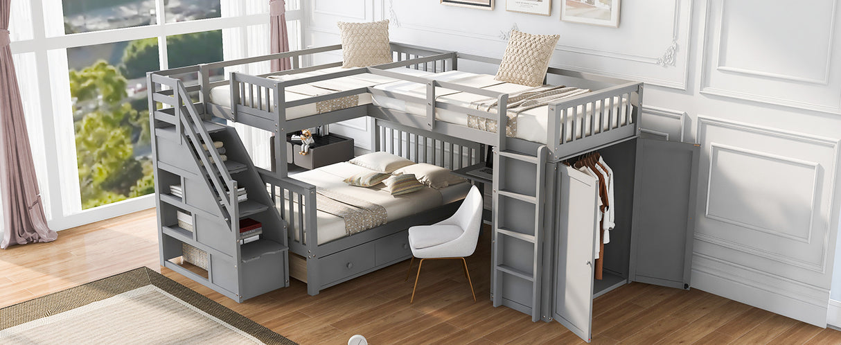Twin-Twin over Full L-Shaped Bunk Bed With 3 Drawers, Portable Desk and Wardrobe, Gray(OLD SKU:LT100542AAE) - sold by Home Elegance USA