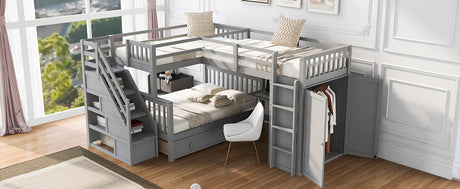 Twin-Twin over Full L-Shaped Bunk Bed With 3 Drawers, Portable Desk and Wardrobe, Gray(OLD SKU:LT100542AAE) - sold by Home Elegance USA