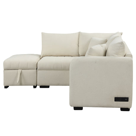 Modern L-shaped Sectional Pull Out Sofa Bed with USB Ports and Storage Ottoman, Beige, Jacquard Fabric, 82.6' - sold by Home Elegance USA