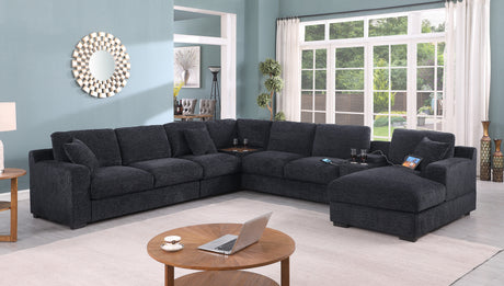 Celine 141.5' Dark Gray Chenille Fabric Corner Sectional Sofa with Right-Facing Chaise, Cupholders, and Charging Ports - sold by Home Elegance USA