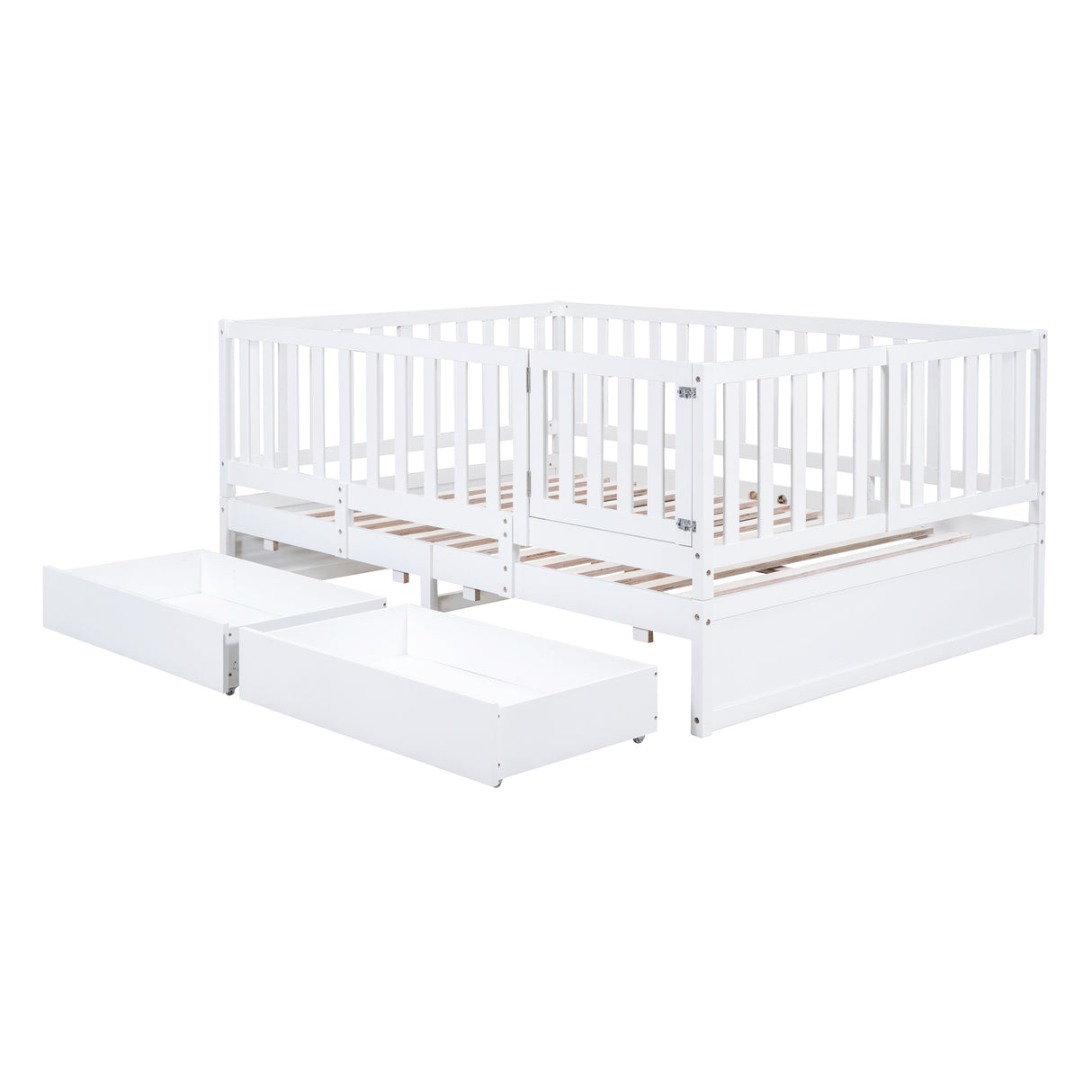 Full Size Wood Daybed with Fence Guardrails and 2 Drawers, Split into Independent Floor Bed & Daybed, White - Home Elegance USA