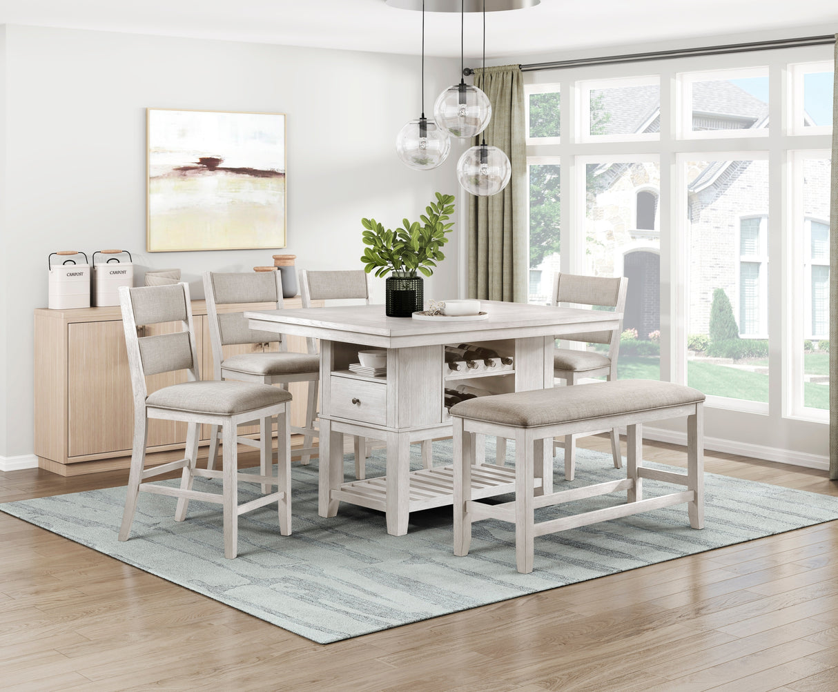 Juego de comedor de 6 piezas de altura de mostrador con mesa de acabado blanco antiguo con cajones de almacenamiento, estantes para vinos, banco, 4 sillas y asiento tapizado.