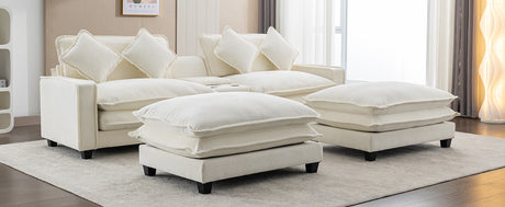 Chenille Upholstered Sectional Sofa with Removable Ottoman, USB Ports, Cup Holders, and Storage, Beige, 111' - sold by Home Elegance USA