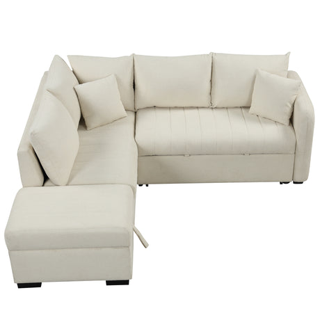 Modern L-shaped Sectional Pull Out Sofa Bed with USB Ports and Storage Ottoman, Beige, Jacquard Fabric, 82.6' - sold by Home Elegance USA