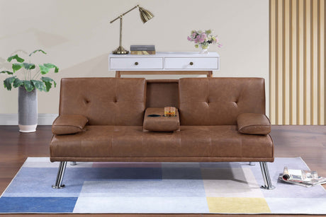 Living Room Brown Color Faux Leather 1pc Adjustable Sofa Fold-Down Table Cup Holders Tufted Upholstered Plush Cushion Couch Sofa