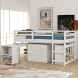 Low Study Twin Loft Bed with Cabinet and Rolling Portable Desk - White (OLD SKU :LP000113AAK) Home Elegance USA