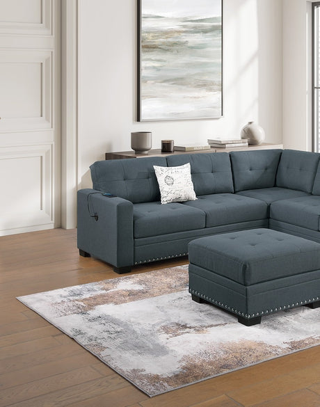 Casual Simple Tufted Couch Living Room Sectional 4pc Set Dark Gray Fabric Upholstered RAF/LAF One-Arm Loveseat Wedge Ottoman - sold by Home Elegance USA