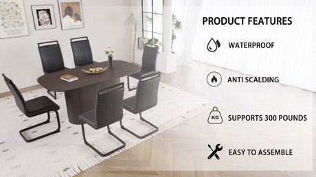63 'medieval modern brown style MDF dining table and PU armless dining chair set 6. Assemble Desktop and Black metal leg dining chair set, suitable for home&kitchen - sold by Home Elegance USA
