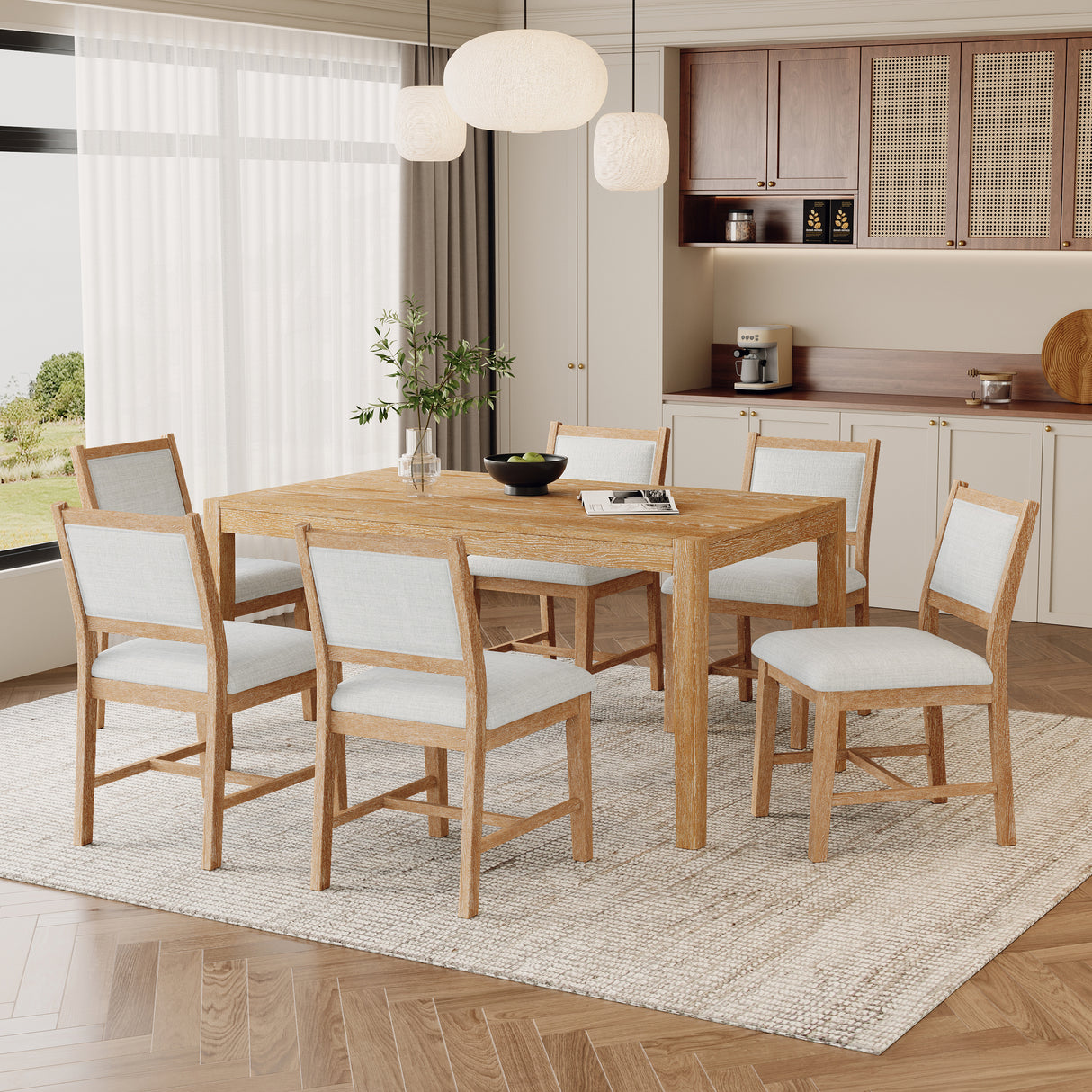 TREXM 7-Piece Retro Dining Table Set for 6, 1 Rectangular Wood Dining Table Set for 6 with Upholstered Chairs for Dining Room and Kitchen (Natural)