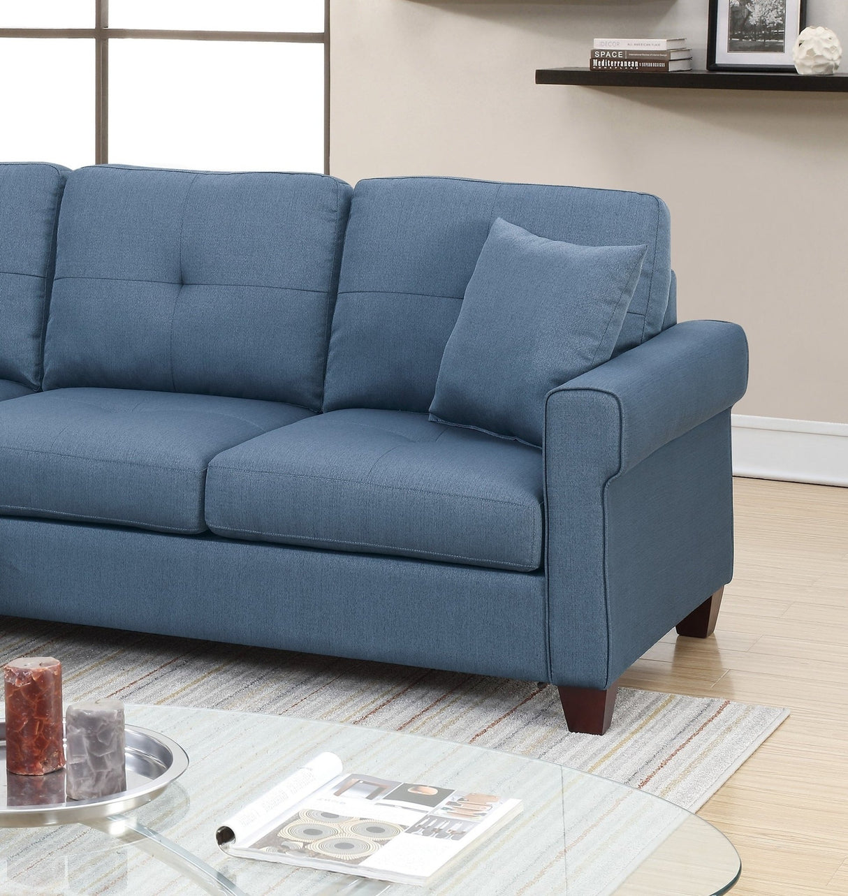 Blue Color Glossy Polyfiber Tufted Cushion Couch Sectional Sofa Chaise Living Room Furniture Reversible Sectionals Chaise | Home Elegance USA