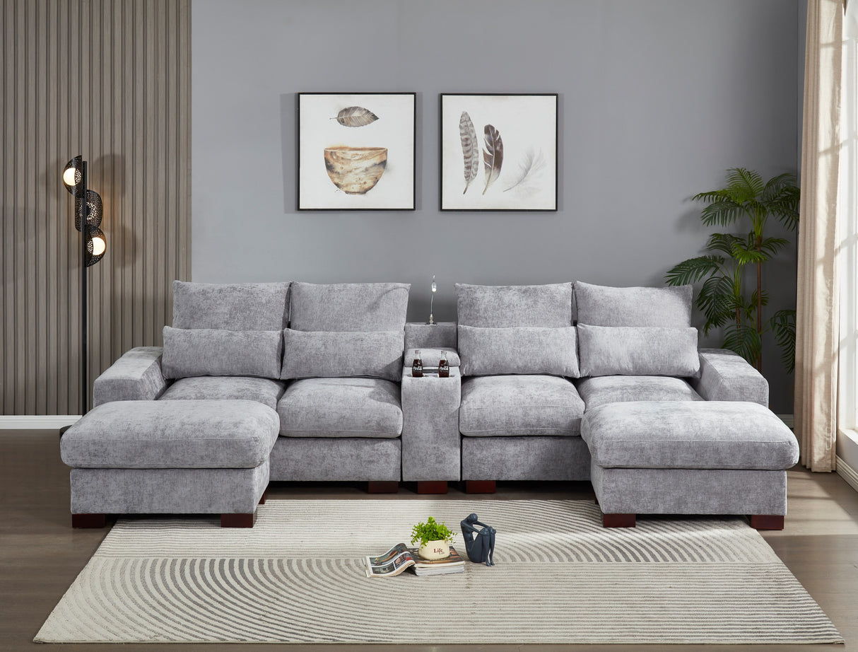 Modern Sectional Sofa Couch with Console,USB Charging Port,Reading Light,Cup Holder, Light Grey