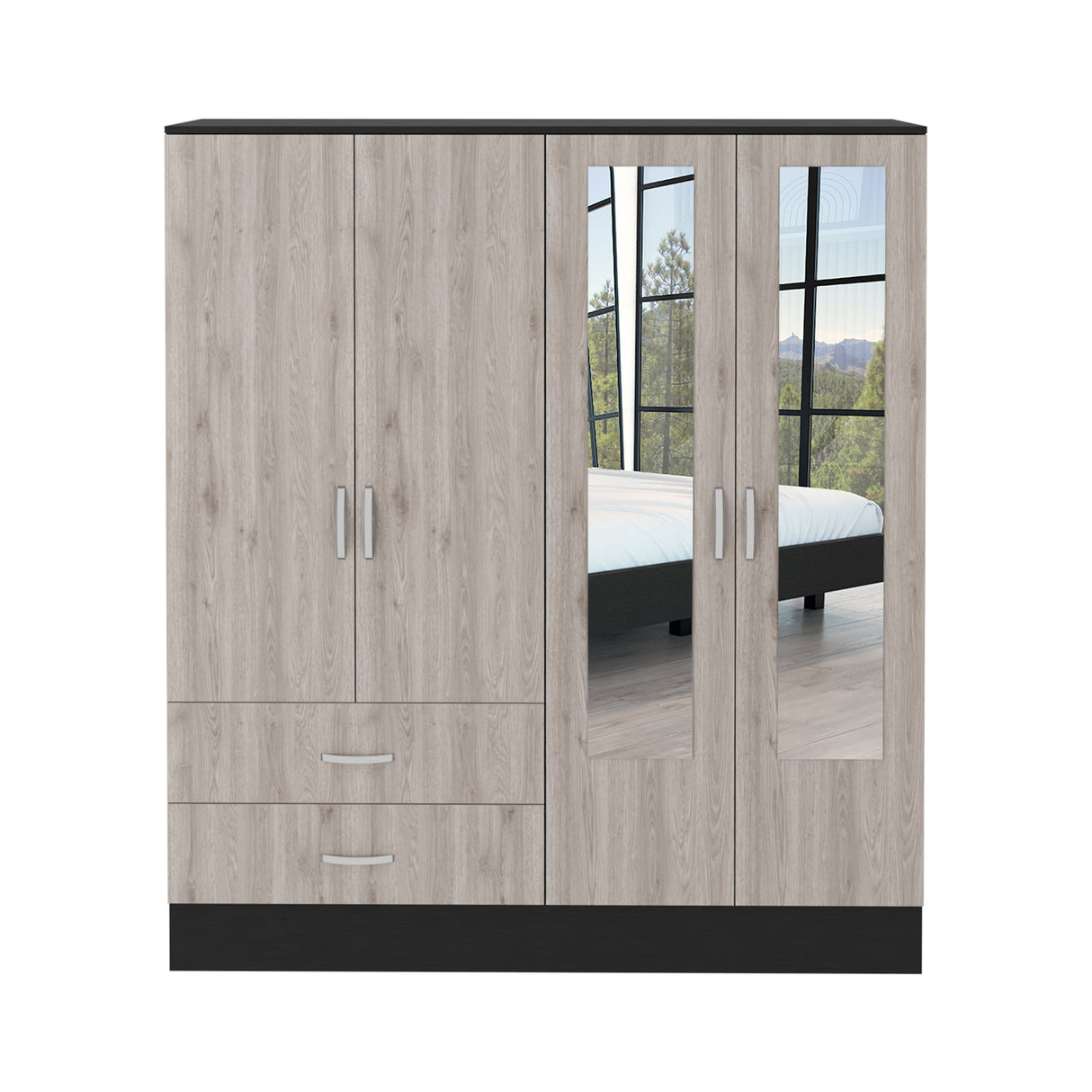 Bolton 160 Armoire, Six Shelves, Two Double Door Cabinets, Two Mirrors, Two Drawers, Rod Black / Light Gray - sold by Home Elegance USA