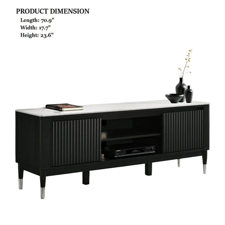 Contemporary Style TV Console Sintered Stone Top Silver Capped Arrow Legs Open Shelves Black And White Finish Primary Living Room - sold by Home Elegance USA
