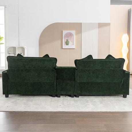 Chenille Upholstered 111' Sectional Sofa with Two Removable Ottomans, USB Ports, Cup Holders, and Storage, Green - sold by Home Elegance USA