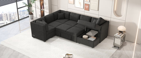U-shaped Sectional Sofa Pull Out Bed with USB Ports, Power Sockets, Back Pillows & Storage Chaise, Black Chenille, 108.6' - sold by Home Elegance USA