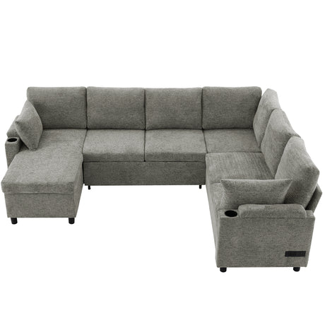 Versatile Light Grey Chenille Sectional Sofa Bed with Storage, Cup Holders & Charging Ports, 109.9' - sold by Home Elegance USA