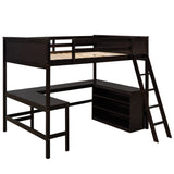 Full size Loft Bed with Shelves and Desk, Wooden Loft Bed with Desk - Espresso - Home Elegance USA