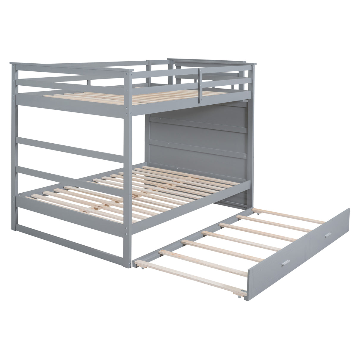 Full Over Full Bunk Bed with Twin Size Trundle and Staircase, Gray - Home Elegance USA