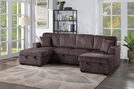 Chocolate Finish Convertible Sectional Upholstered Corduroy 3pc RAF And LAF Storage Chaises Pull Out Middle Section Pillow Included Primary Living Room - sold by Home Elegance USA
